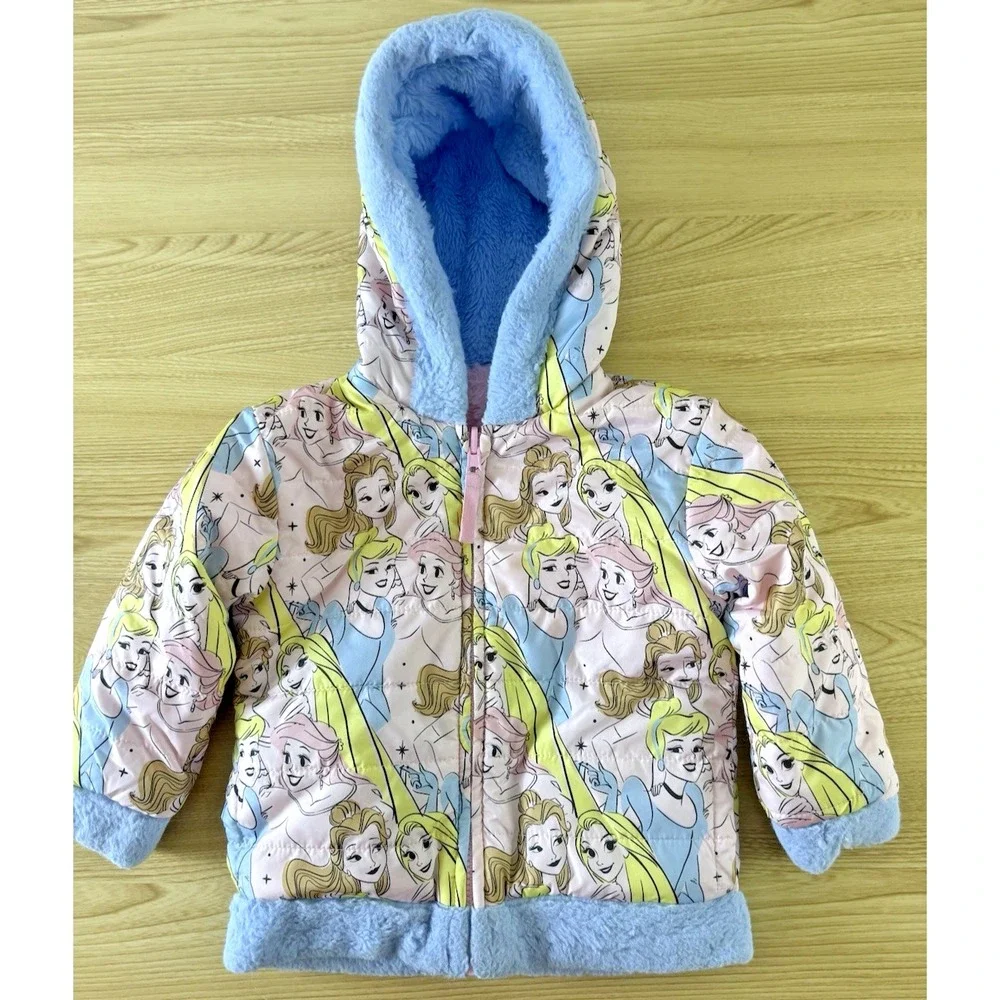 Disney Princess Reversible Puffer Jacket Girls 2T Pink Blue Faux Fur Hooded Coat